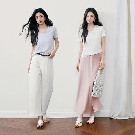 【严选】诗凡黎诗凡黎雪花棉亚麻V领T恤2025夏新款轻柔凉爽显瘦休闲百搭短袖上衣7G5301541 商品图2