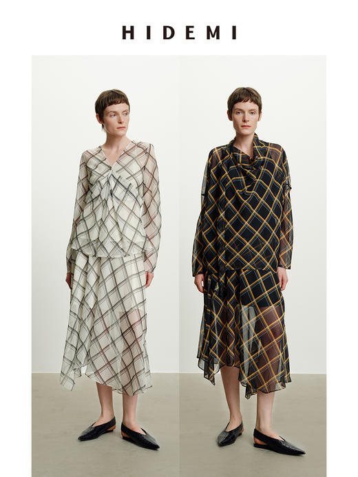 HIDEMI “我们做印花 ”系列原创手绘格纹清透薄纱缎上衣半裙套装 商品图0