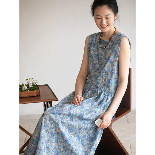 牧衣游原创 夏花印花纯棉连衣裙宽松文艺碎花无袖长裙 空山流水 商品图3