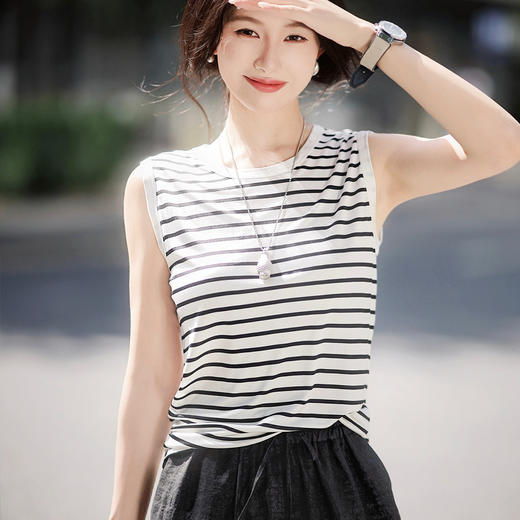 丁摩140克针织真丝背心2025夏季圆领条纹遮副乳上衣ALF3631 商品图1