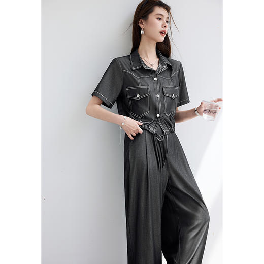 VICTORIA&VERA夏季“蓝拓纪元”系列复古休闲仿牛仔明线外套显瘦阔腿裤套装 商品图1