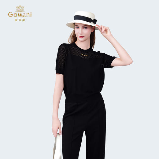 乔万尼时尚新品百搭简约拼接镂空圆领上衣EZ2M119 商品图2