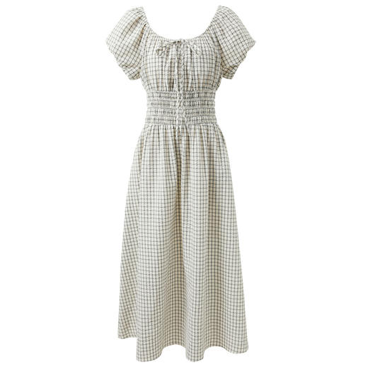 三彩2025秋季新款法式方领两穿格纹连衣裙高腰A字大摆长裙复古M 商品图4