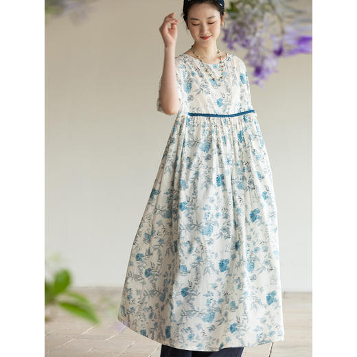 牧衣游原创 印花纯棉连衣裙女夏日轻薄宽松文艺碎花长裙 汀花雨细 商品图2