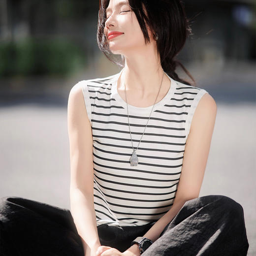 丁摩140克针织真丝背心2025夏季圆领条纹遮副乳上衣ALF3631 商品图0