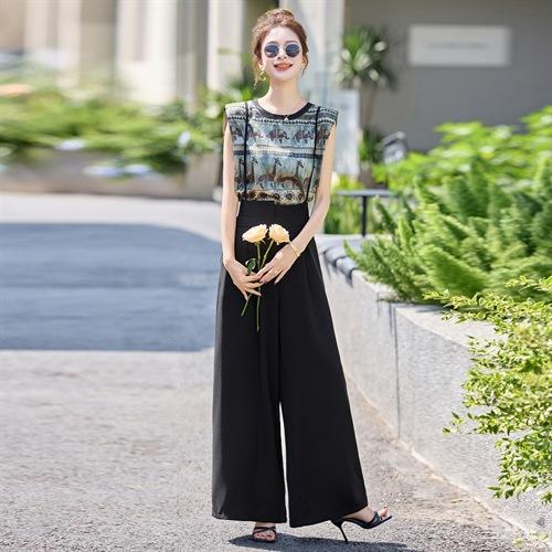 网红吊带连体裤时尚套装2025夏印花T恤背带阔腿裤垂感休闲两件套YF2602 商品图3