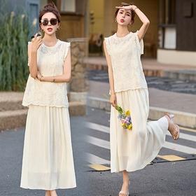 2025夏装新款气质棉麻拼接蕾丝网纱垂感透气两件套裤HRYZ2078