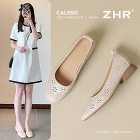 ZHR则则头层牛皮真皮洋气浅口镂空透气单鞋2025新款百搭轻便女鞋
