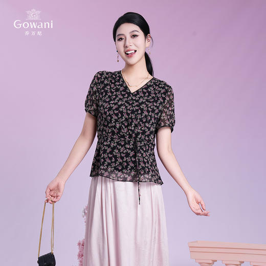 乔万尼新品100%真丝浪漫小碎花收腰短袖上衣ED2C559 商品图3