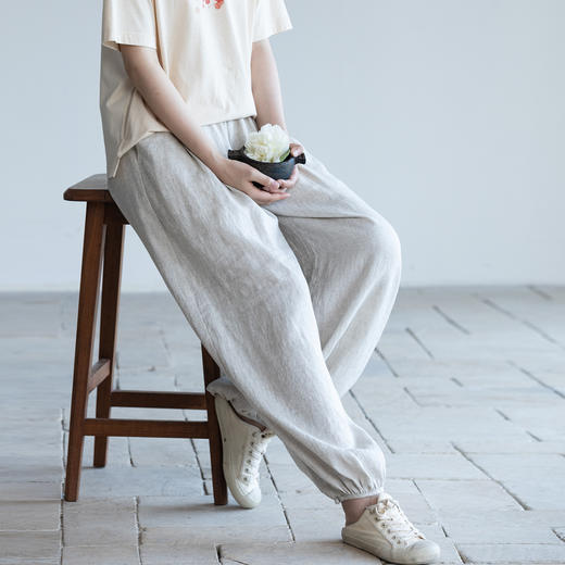 牧衣游原创 进口亚麻裤子轻盈透薄质朴宽松雨露麻休闲裤 杳杳云 商品图0