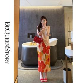 BeQueenStory【油画狂想曲】复古抗皱花卉印花松紧腰半身裙2025夏季