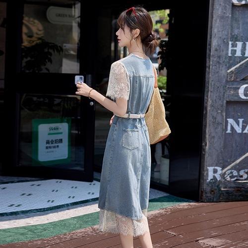 2025年夏季蕾丝牛仔拼接连衣裙(配腰带)温柔淑女风连衣裙YLFS8998 商品图4
