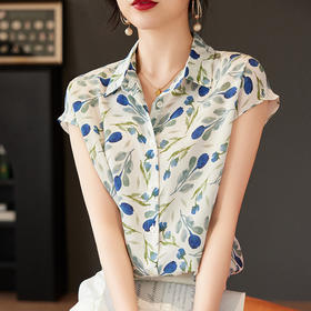 丁摩法式优雅真丝衬衫短袖印花气质桑蚕丝上衣小衫AL818