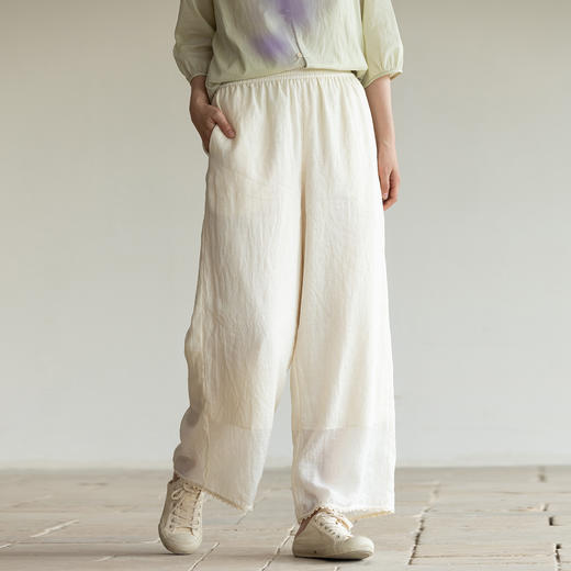 牧衣游原创 净色苎麻裤子轻盈透薄文艺通勤宽松百搭休闲裤 染花落 商品图0