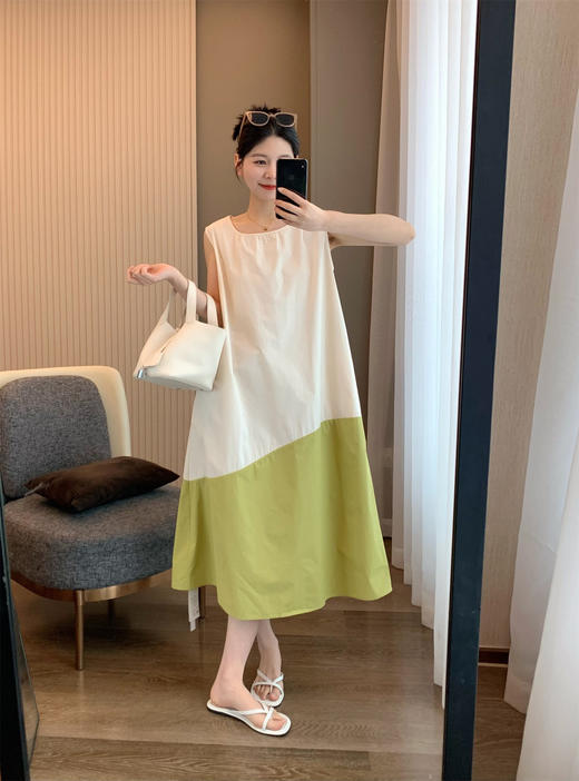 雀说春不晚 夏季新款无袖撞色圆领连衣裙不规则拼接中长款无袖中长裙AL7002 商品图5