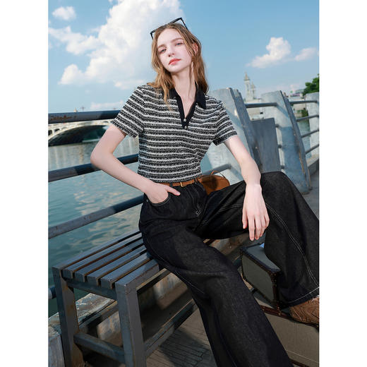 三彩2025秋季新款Polo领撞色条纹T恤香风套头衫短袖上衣气质M 商品图3