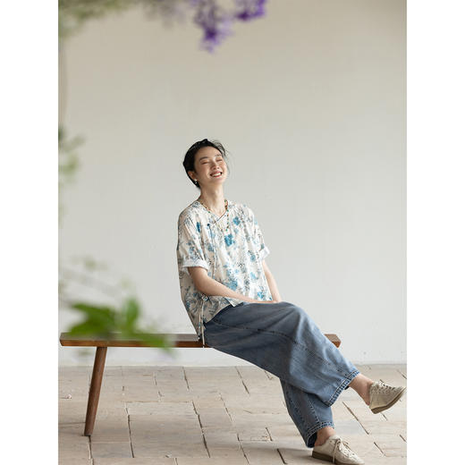 牧衣游原创 印花纯棉短外套夏新款轻薄斜襟系带新中式开衫 水清照 商品图1