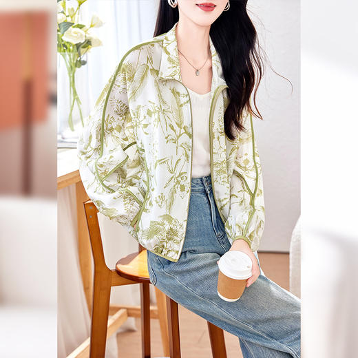 丁摩真丝短外套女长袖印花薄款宽松防晒衣夏季桑蚕丝上衣开衫AL0125 商品图1