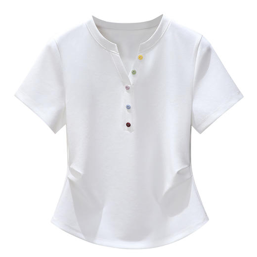 「自」全新升级【铂金会员109/天猫139/差价30】(45431)洛诗琳简约彩色纽扣T恤2025年夏季高级感修身显瘦减龄上衣45431 商品图4