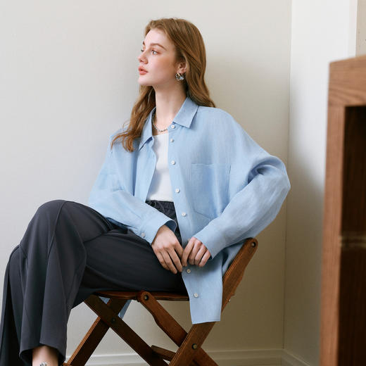 【商场同款】诗凡黎诗凡黎舒适亚麻衬衫2025夏新款长袖上衣女3G5220251 商品图0