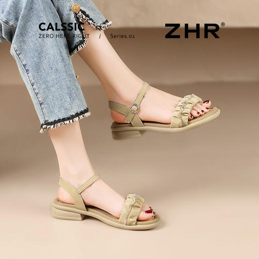 ZHR粗跟凉鞋女2025新款夏季外穿真皮软底上班不累脚水钻凉拖鞋 商品图8