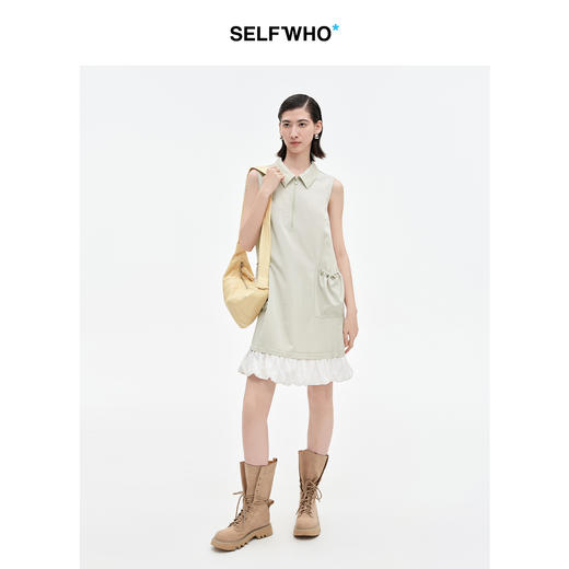 SELFWHO浅卡其半拉链背心连衣裙女2025夏新款拼接蓬松泡泡背心裙 商品图1