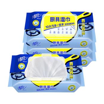 清风厨房厨具湿巾25片*4包加大加厚强效去油污擦吸油烟机纸巾免洗涤剂 /家庭清洁/纸品 /清洁纸品 /厨房纸巾 商品图2