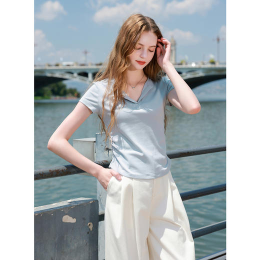 三彩2025秋季新款简约纯色短袖T恤修身收腰套头衫上衣休闲M 商品图1