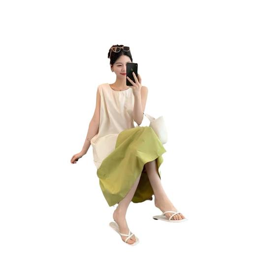 雀说春不晚 夏季新款无袖撞色圆领连衣裙不规则拼接中长款无袖中长裙AL7002 商品图4