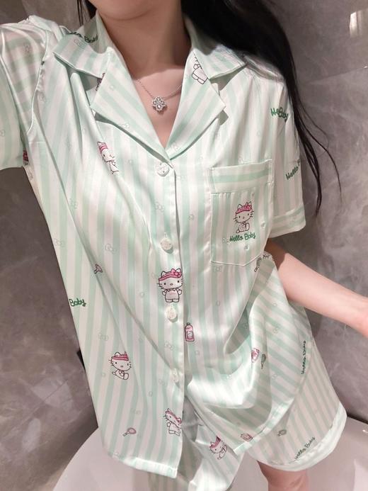 薄款KT条纹睡衣女款夏冰丝薄荷绿短袖可爱甜美可外穿家居服套装 商品图0