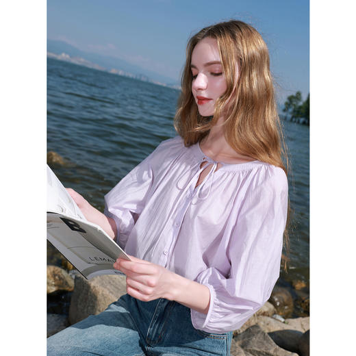 三彩2025秋季新款肌理感七分袖薄衬衫宽松小衫系带休闲上衣M 商品图2