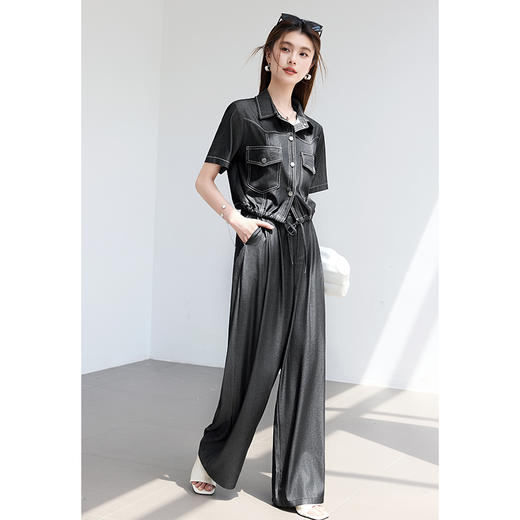 VICTORIA&VERA夏季“蓝拓纪元”系列复古休闲仿牛仔明线外套显瘦阔腿裤套装 商品图6