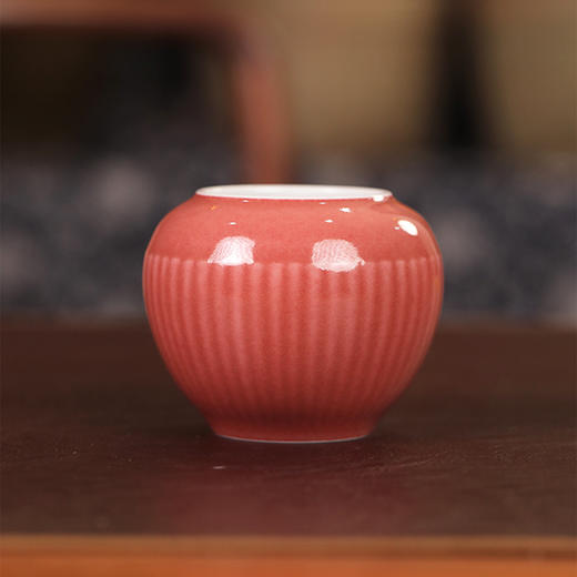 【忘言】豇豆红雕刻菊瓣小建水 曰何文人器 商品图0