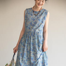 牧衣游原创 夏花印花纯棉连衣裙宽松文艺碎花无袖长裙 空山流水