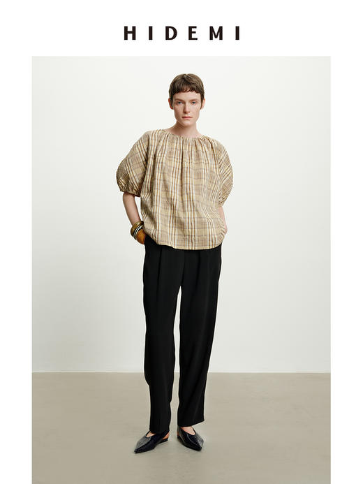 HIDEMI 不规则剪裁大伞状进口韩国纱线格纹泡泡袖上衣半身裙套装 商品图4