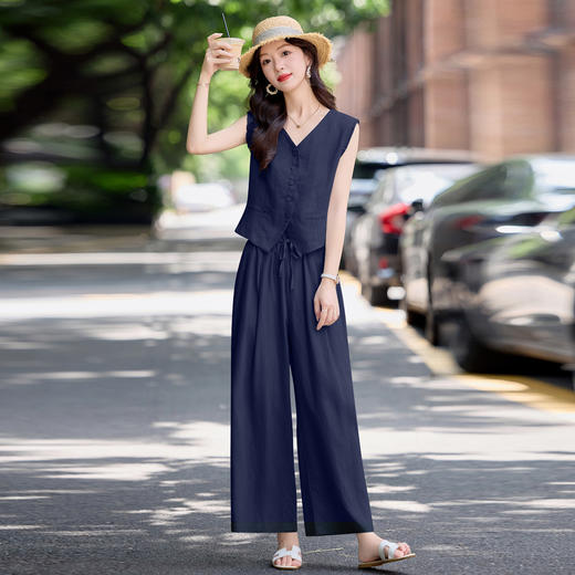 时尚天丝亚麻套装女2025夏季新款百搭气质马甲显瘦阔腿裤两件套EBDU978-1 商品图3