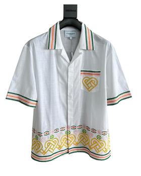 男款亚麻爱心刺绣短袖衬衫