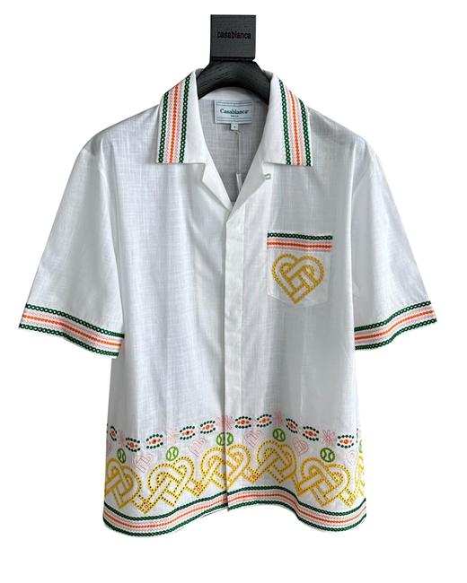 男款亚麻爱心刺绣短袖衬衫 商品图0