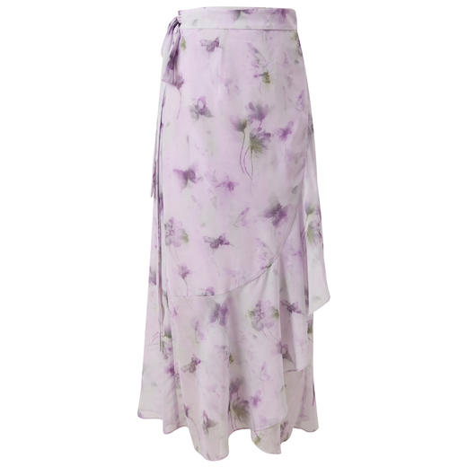 三彩2025秋季新款印花雪纺半身裙A字裙荷叶边一片式长裙气质M 商品图4