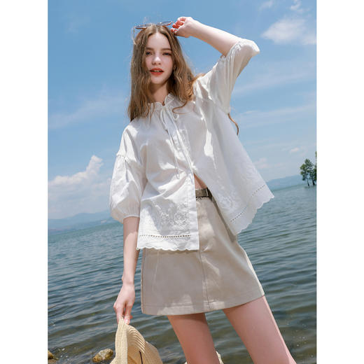 【100棉】三彩2025秋季新款七分袖衬衫宽松小衫绣花休闲上衣M 商品图2