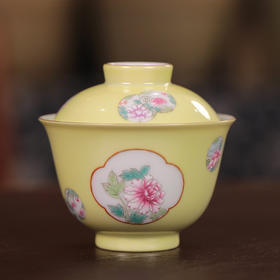 【忘言】柠檬黄地小团花茶碗盖碗 曰何文人器