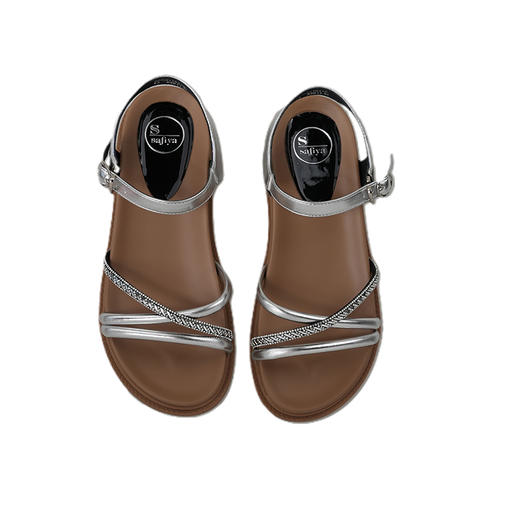 Safiya/索菲娅2025夏季露趾银色水钻外穿休闲百搭平底凉鞋SFD2115410 商品图2