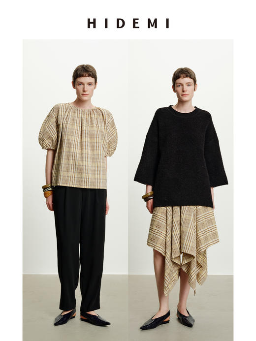 HIDEMI 不规则剪裁大伞状进口韩国纱线格纹泡泡袖上衣半身裙套装 商品图0