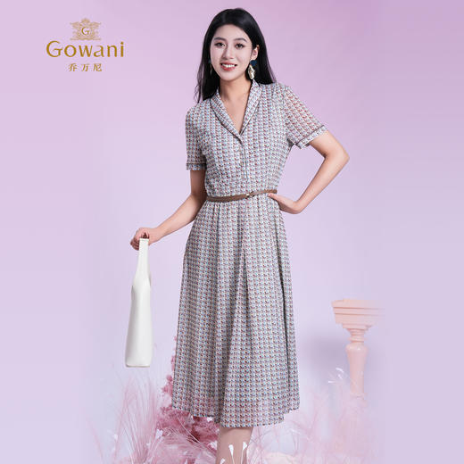 乔万尼2025夏季新款撞色艺术印花都市风通勤收腰连衣裙ED2E538 商品图1