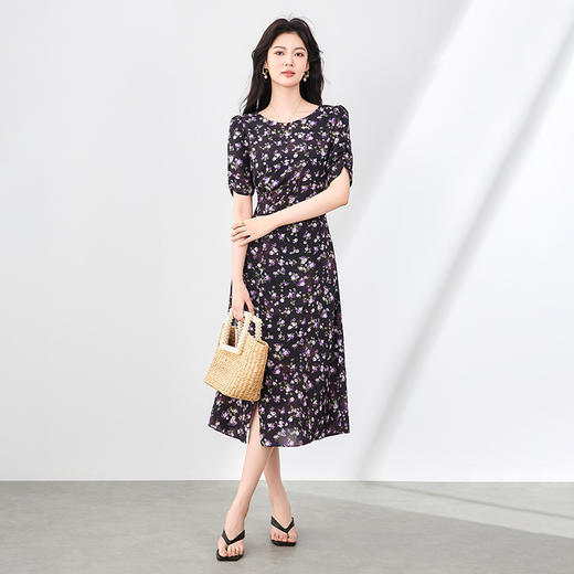 「高货wl」全新升级【铂金会员293/天猫399/差价106】(11937)洛诗琳法式气质印花连衣裙2025夏季收褶开叉收腰优雅裙子 商品图0