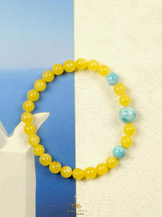 巧也【蜜凝澜.琥珀光】6mm蜜蜡配海纹石手珠聚财增上国风手串禅意风 商品图8