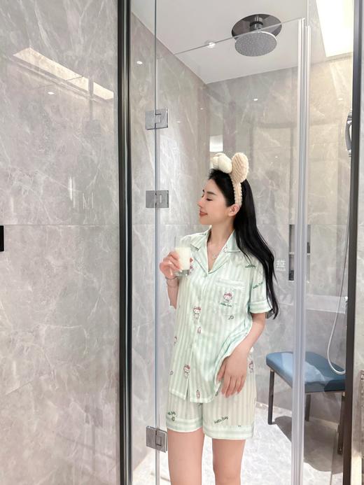 薄款KT条纹睡衣女款夏冰丝薄荷绿短袖可爱甜美可外穿家居服套装 商品图8