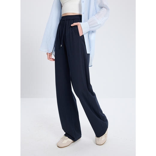 三彩2025秋季新款休闲松紧高腰长裤直筒裤宽松垂感显瘦遛弯裤M 商品图2