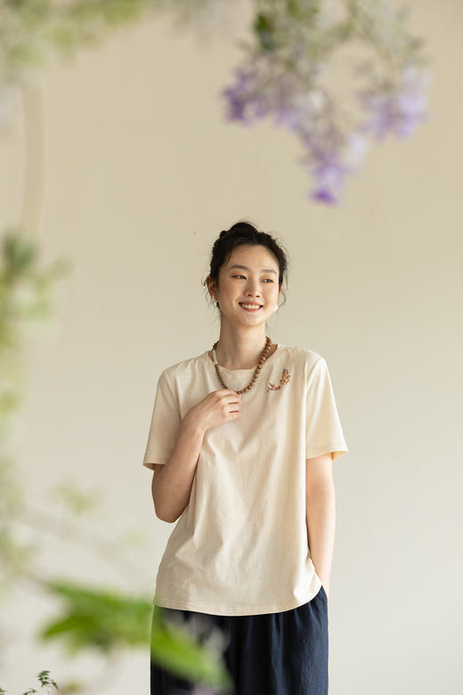 牧衣游原创手工刺绣32支纯棉T恤女夏简约圆领文艺百搭短袖 三千界 商品图5
