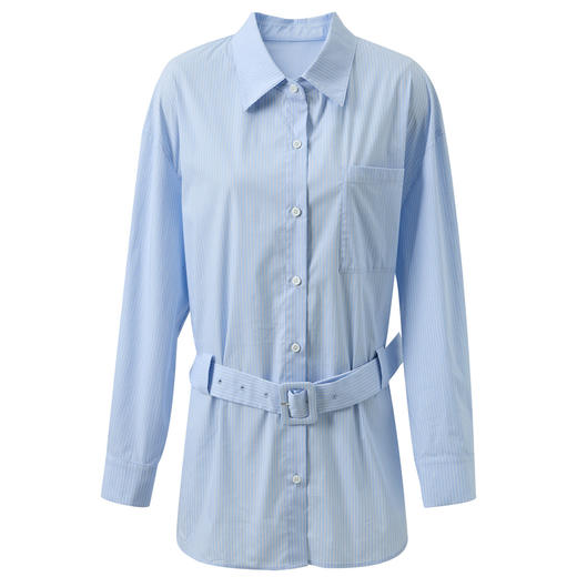 三彩2025秋季新款中长宽松条纹衬衫长袖衬衣上衣蓝色气质通勤S 商品图4